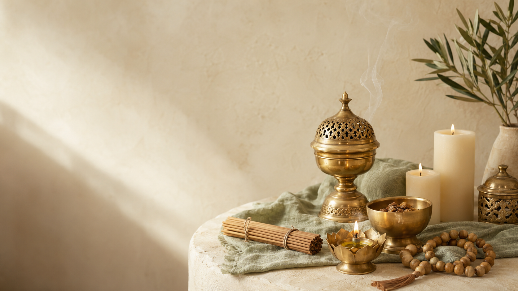 Prayer supply arrangement with brass incense burner, candles, beads and incense sticks